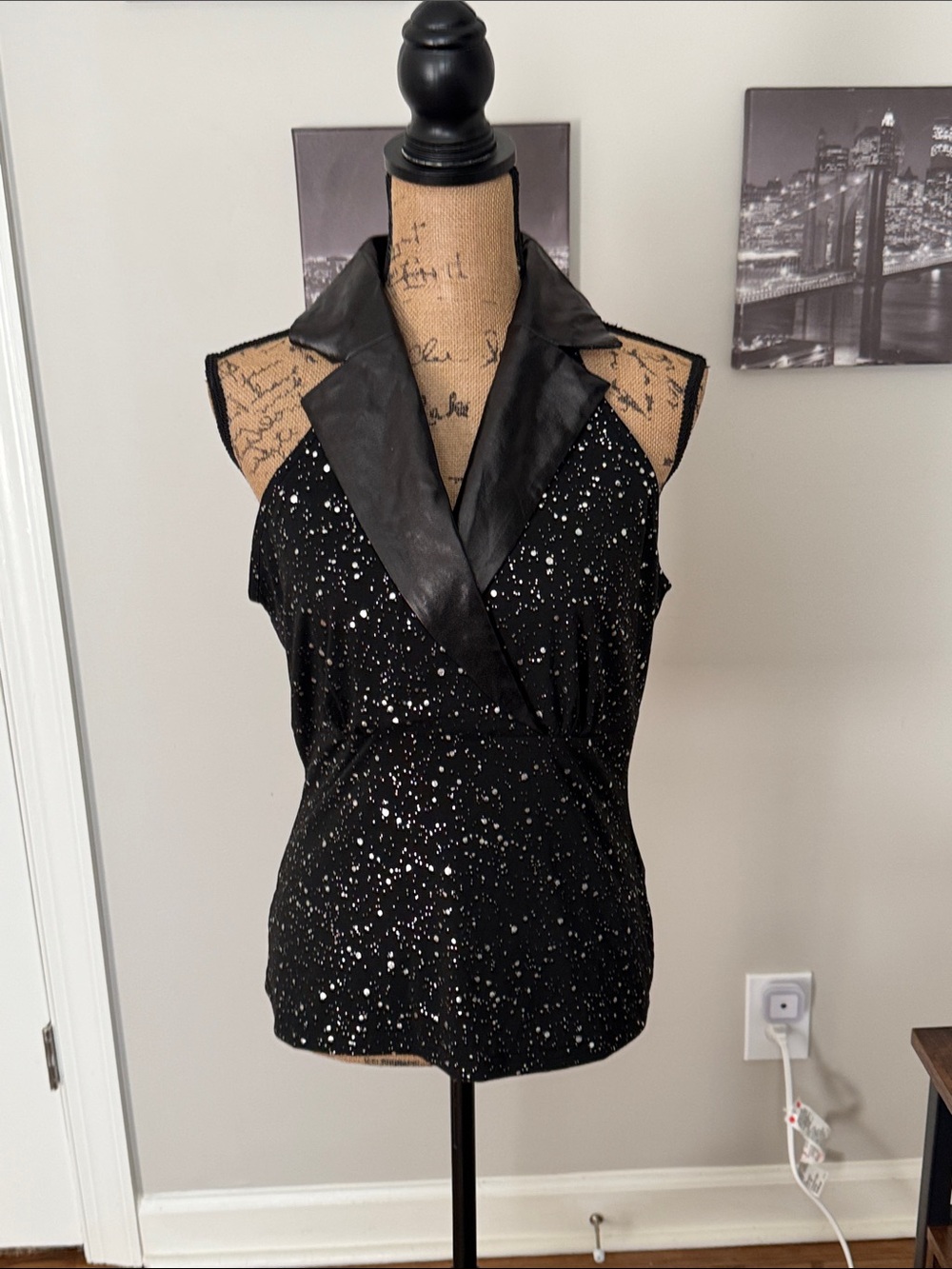 Black Sparkle Sleeveless Wrap Camisole with Faux Leather Collar
